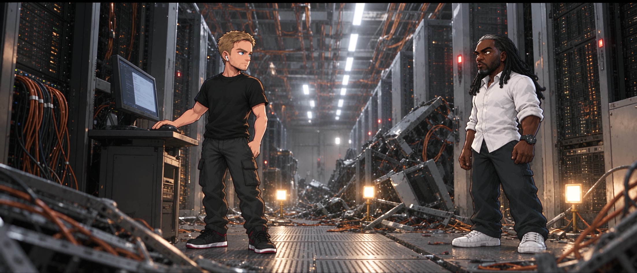 Jack stands left beside a violet terminal; Karega stands right with folded arms across a ruined server aisle.