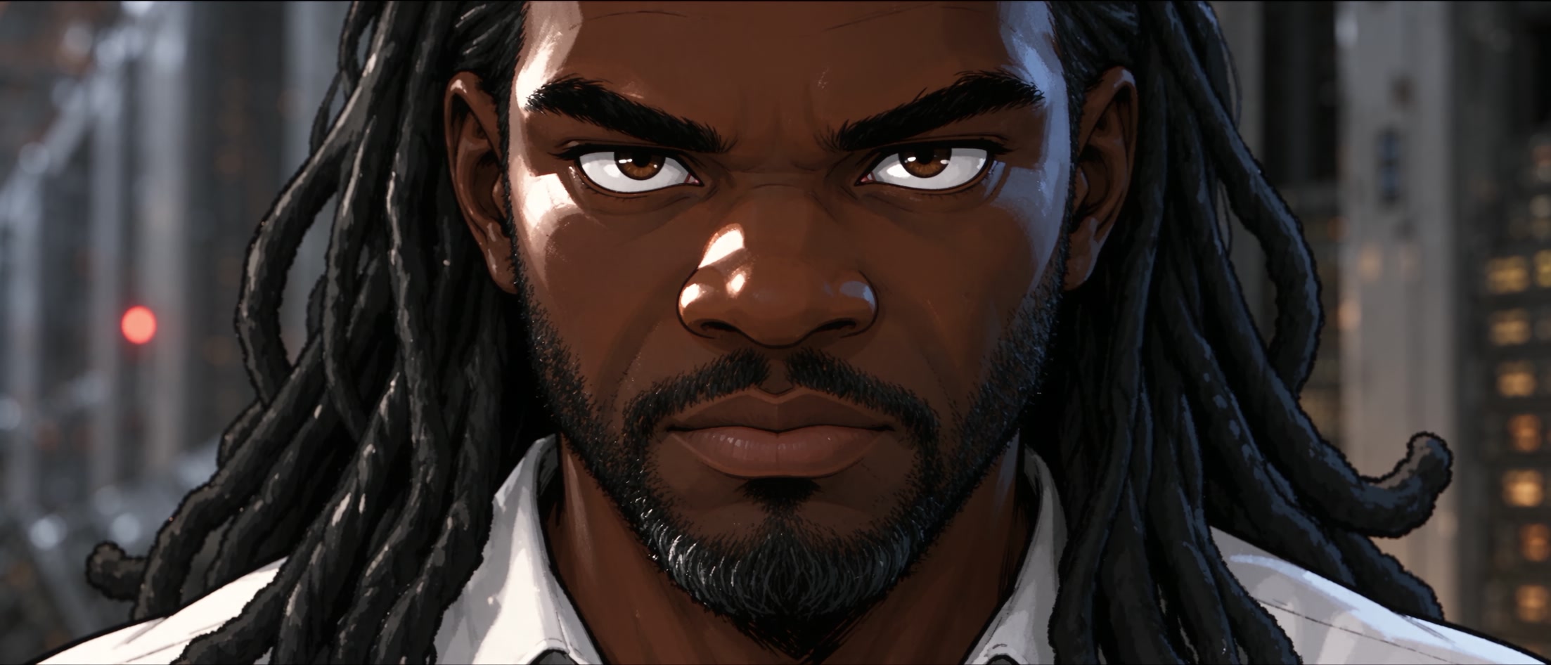A close view of Jack’s calm blue eyes, white earbuds and unsmiling face.